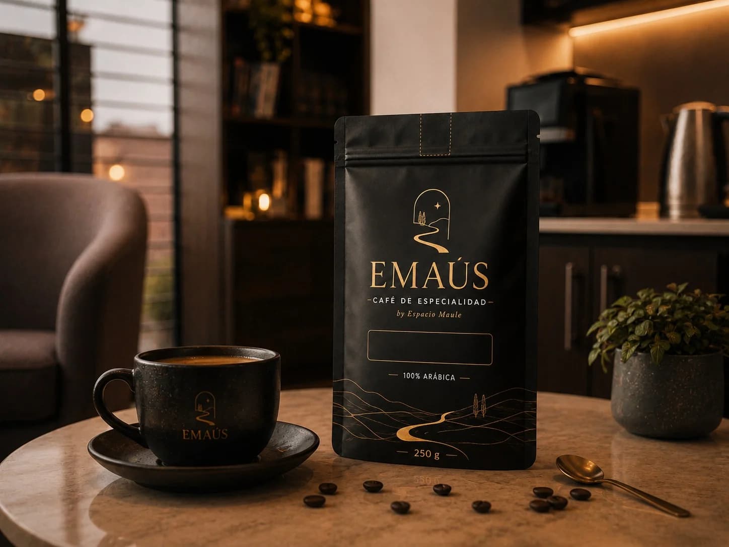 Bolsa y taza de café EMAÚS sobre una mesa